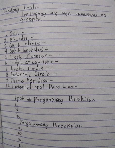 Takdang Aralin Ipaliwanag ang mga sumusured na Konsepto. 1. Globo - 2 ...