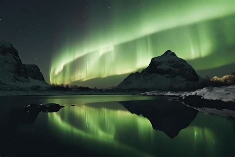 Aurora borealis on the Norway. Green northern lights above mountains ...