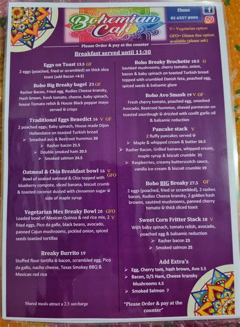 Menu at Bohemian Cafe, Taree