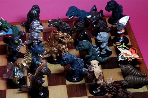 Chess set made with small Godzilla chibi figures. | Godzilla, Giant monsters, Chess set