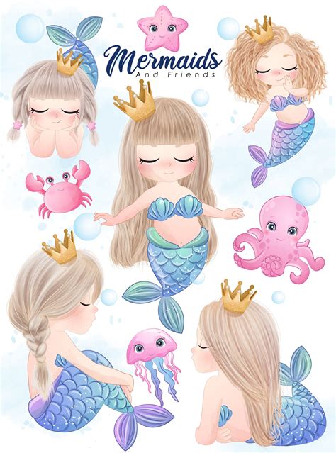 Cute mermaid and friends clipart with watercolor digital clipart set