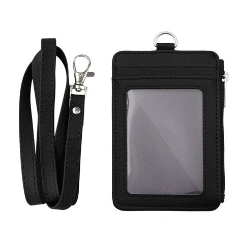 Badge Holder with Zip, Slim Double Sided PU Leather ID Card Holder ...