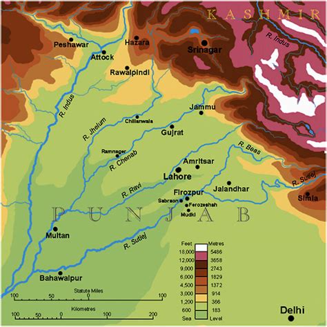 Topographic map of Punjab, 'The Land of the Five Rivers'. Source ...