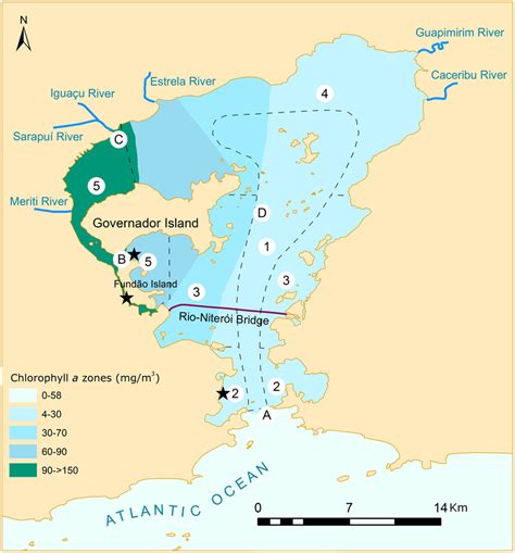 Map of Guanabara Bay showing different parameters that indicate water ...