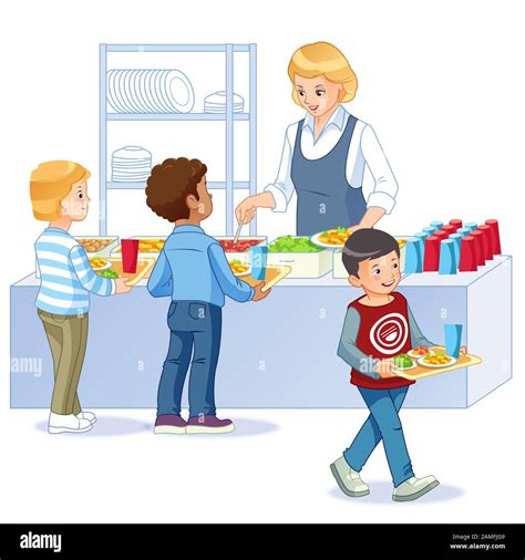 Kids in a Canteen Buying and Eating Lunch. Back to school. Cartoon vector isolated illustration ...