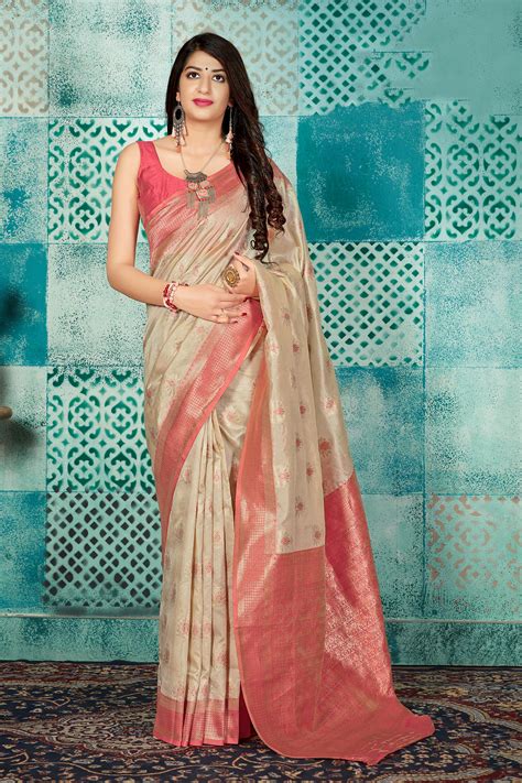 Banarasi Silk Cream Saree with Dark Peach Blouse » BRITHIKA Luxury Fashion