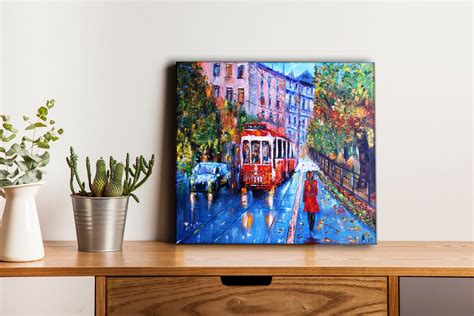 Rainy city painting Rainy cityscape City Streetcar art Red | Etsy