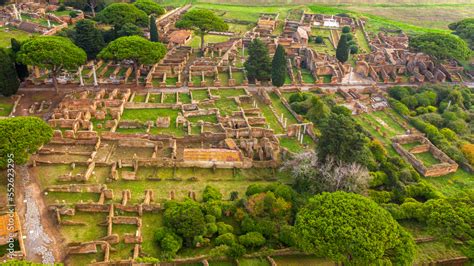 Aerial view of Baths of the Christian basilica and Temple of Ship ...