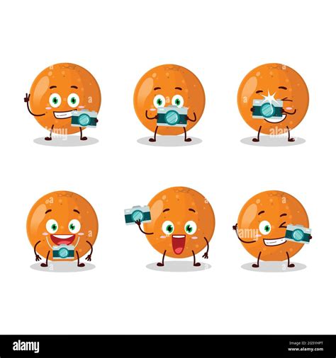 Photographer profession emoticon with tangerine cartoon character ...