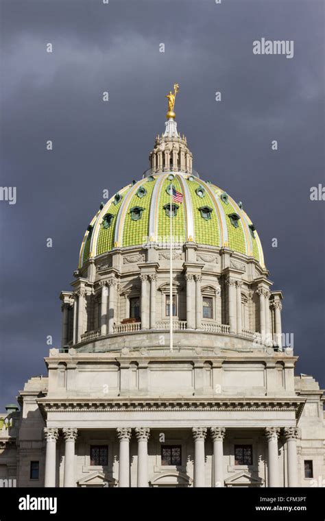 Green dome and cupola of the Pennsylvania state capitol building in ...