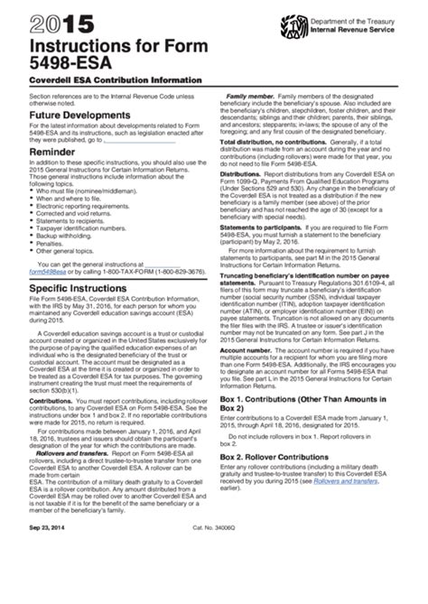 Instructions For Form 5498-Esa (2015) printable pdf download