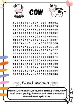 Cow : Word search puzzle worksheet activity by Art with Mark | TPT