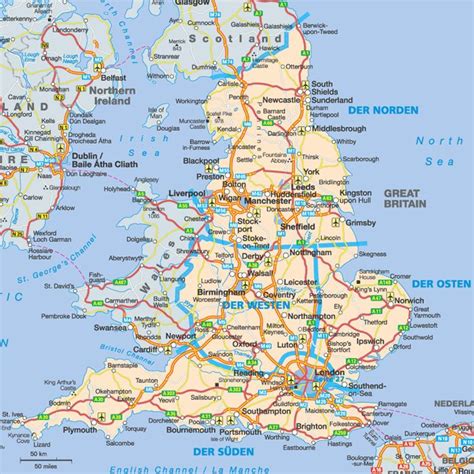 a large map of the uk with all roads and major cities in english or german