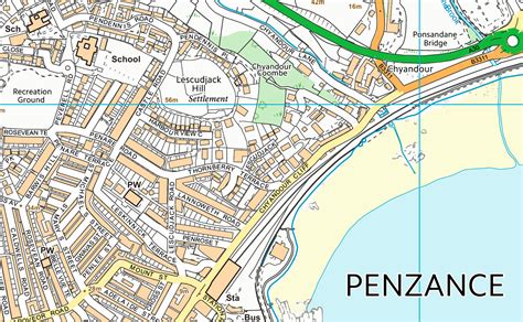 This is a map of Penzance, Newlyn and Mousehole that is clear and concise showing roads ...