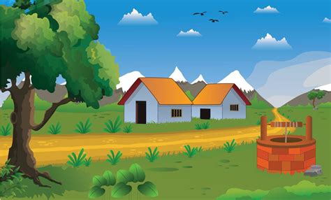 Village cartoon background illustration with old style cottage, well ...