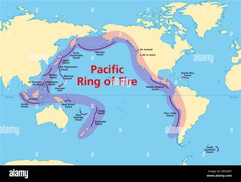 Pacific Ring of Fire, map with oceanic trenches. Also known as Rim of Fire, and as Circum ...