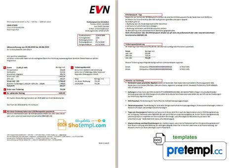 Austrian EVN electricity utility bill download example in Word and PDF format, language German ...