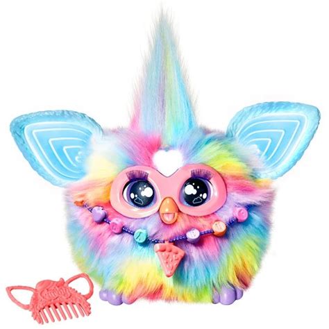 A 2023 Furby model that has pastel rainbow colors, a necklace, and a ...