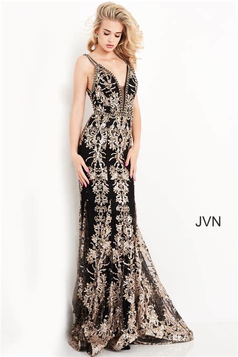 BJVN04789 Black Gold Fitted Long Plunging Neck Prom Dress