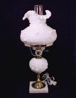 Vintage Fenton Milk Glass Student Lamp with Roses on Crimp Top Shade and Marble Base. Beautiful ...