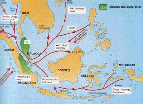 In green is the location of Malacca and the arrows show where people came from to trade in ...