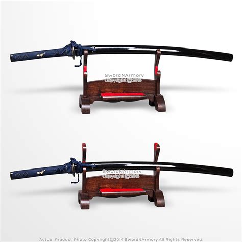 2 Tier Solid Wood Samurai Sword Display Stand w/ Dark Stain Finish Velvet Lined