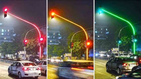 Mumbai Traffic Signal With LEDs On Traffic Pole - A First In The City