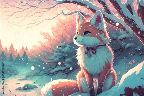 Anime fox in kawaii style, winter forest, pastel glow Stock Illustration | Adobe Stock