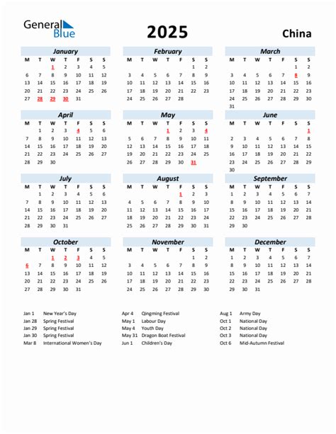 2025 Yearly Calendar for China with Holidays