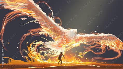 The child looking at the phoenix bird flying above him, digital art ...