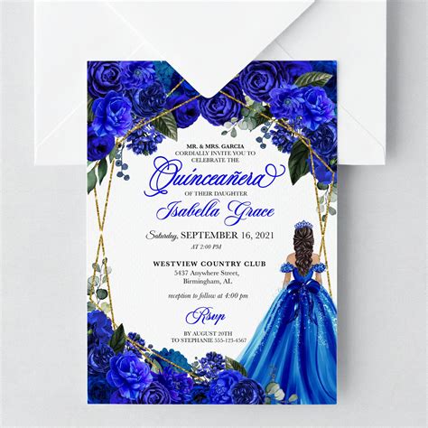 Editable invitation elegant royal blue floral quinceanera invitation birthday invite mis quince ...