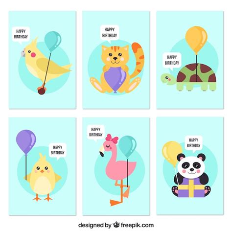 Several birthday cards with nice animals | Free Vector