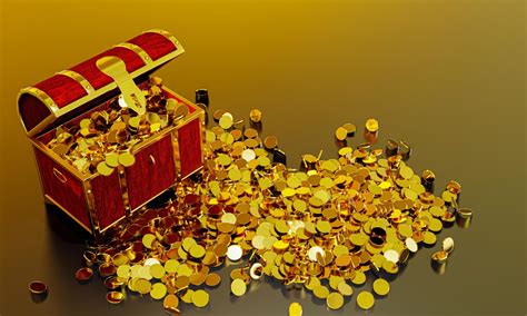 Many distribute gold coins flew from the treasure chest. A treasure ...