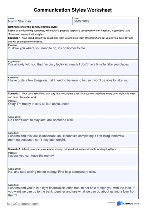 Communication Styles Worksheet & Example | Free PDF Download