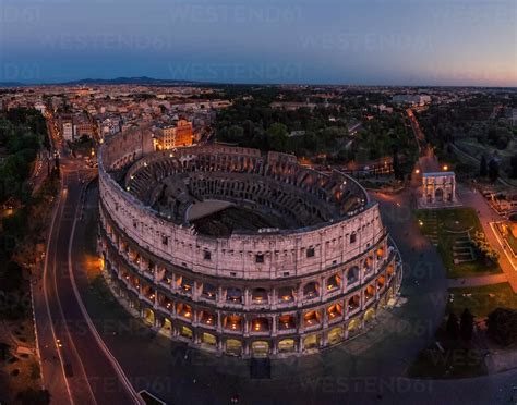 Aerial view of the Roman Colosseum during the night, Rome, Italy stock ...