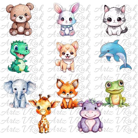 Watercolor Kawaii Animals Clipart Bundle Cute Animals Lion Tiger ...