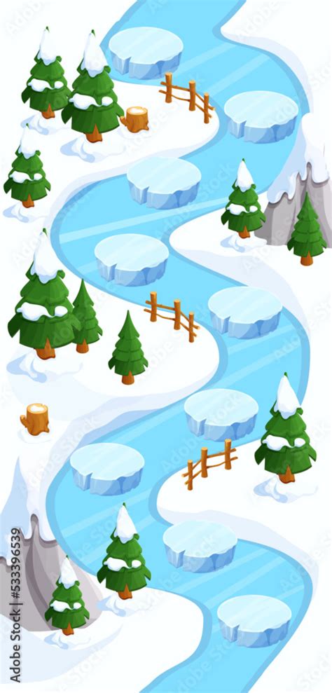 Winter Game map snow forest and ice gui background, template in cartoon ...