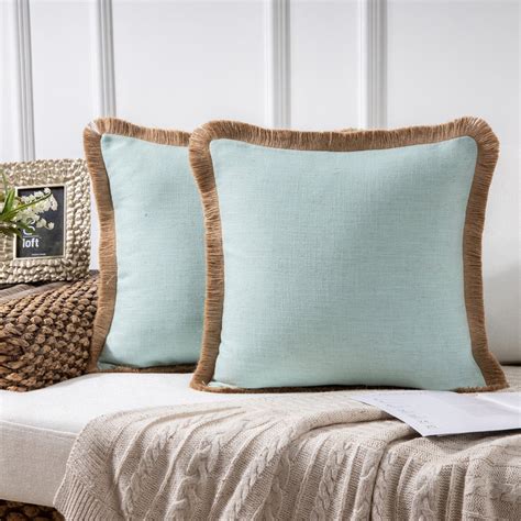 Phantoscope Linen Tassel Trimmed Farmhouse Series Decorative Throw Pillow, 18" x 18", Water Blue ...