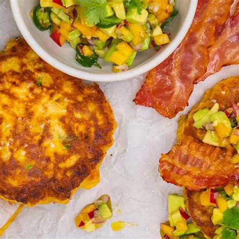 Bacon corn fritters with avocado salsa recipe from Olivado