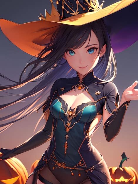 Premium AI Image | Cute witch girl on halloween night anime art for mobile wallpaper