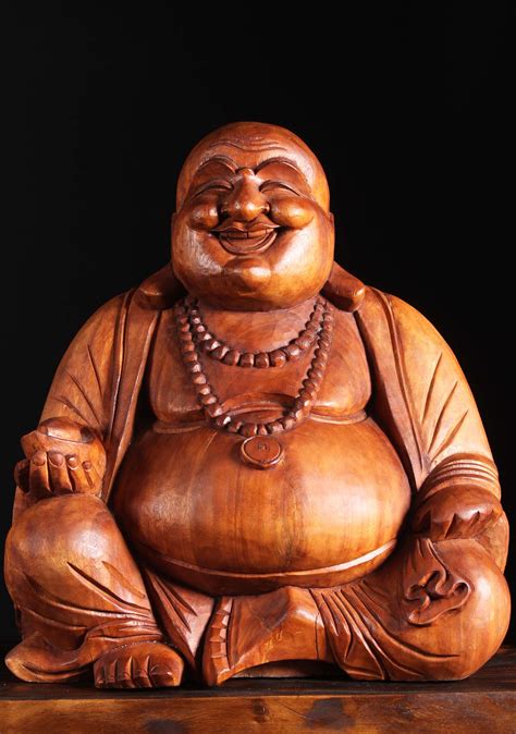 SOLD Wood Seated Fat & Happy Buddha of Wealth 23" (#102bw12): Lotus Sculpture