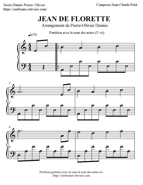 Partition gratuite pour piano de Jean de Florette partition piano avec aide à la lecture et sans ...