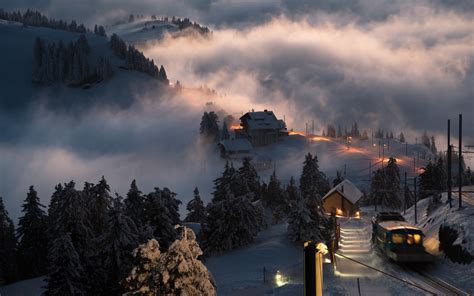 Landscape, Nature, Switzerland, Sunset, Snow, Village, Train, Mist, Trees, Winter, Hill ...