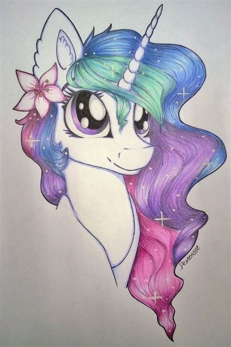 drawing-of-kawaii-unicorn-with-blue-green-purple-pink-mane-easy-unicorn-drawing-pink-flower-on ...