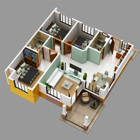 3 Bedroom Bungalow House Floor Plans 3D - floorplans.click