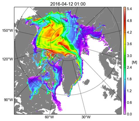 Sea ice thickness chart of the Arctic Ocean on 12 Apr, 2016, calculated ...