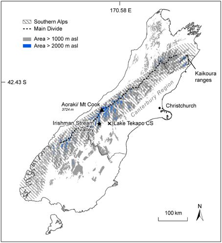 Extent of the Southern Alps on New Zealand's South Island, as defined... | Download Scientific ...