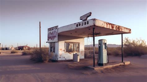 Illustrative Drawing of an Abandoned Fuel Station on the Desert Road ...