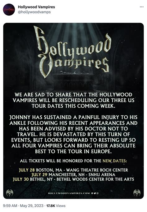 Johnny Depp postpones Hollywood Vampires US tour dates due to injury