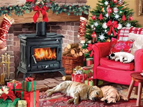 Cozy Christmas, fireplace, christmas tree, decoration, armchair, dogs ...